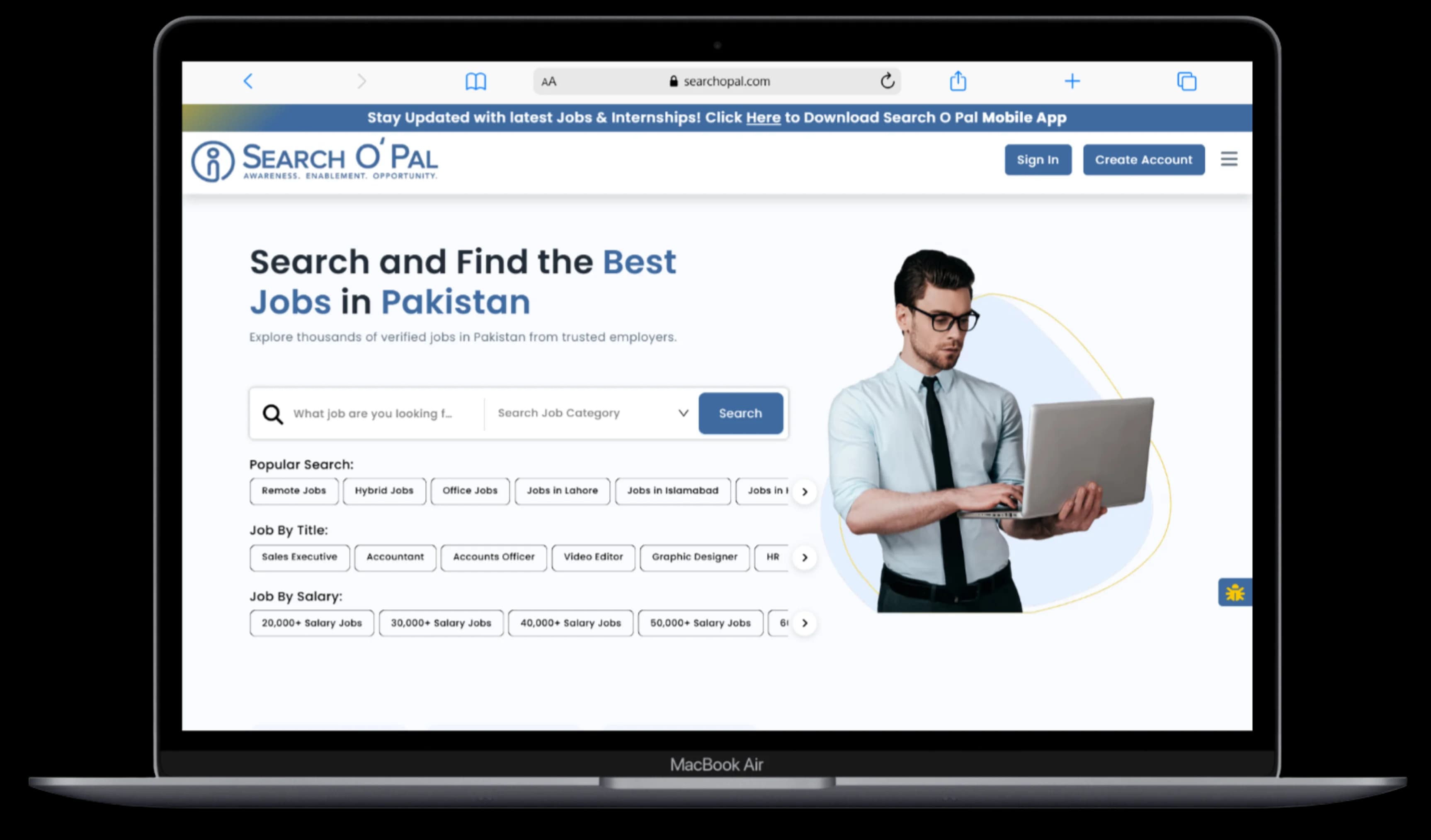 Search O Pal job portal shown on a MacBook screen