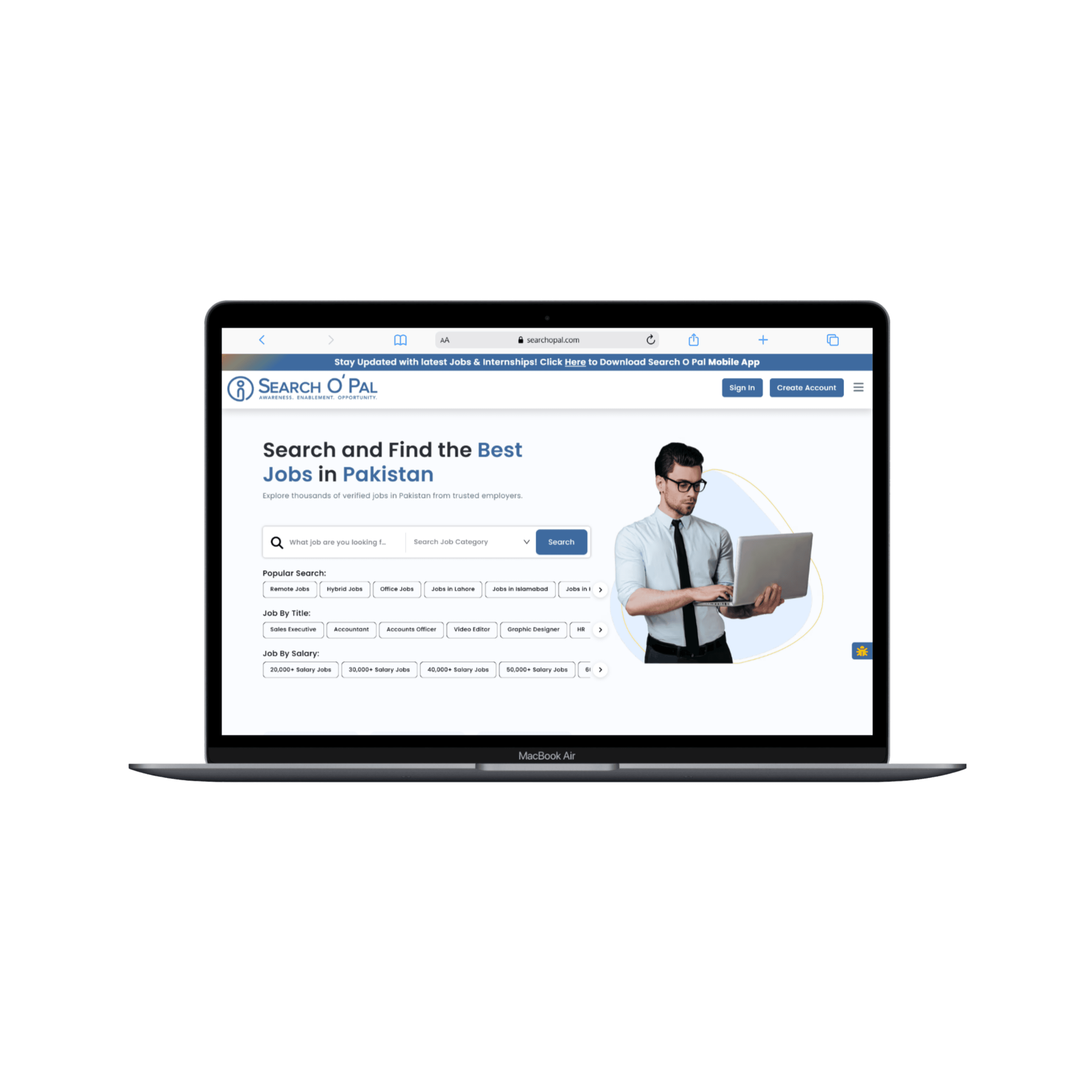 Search O Pal job portal shown on a MacBook screen